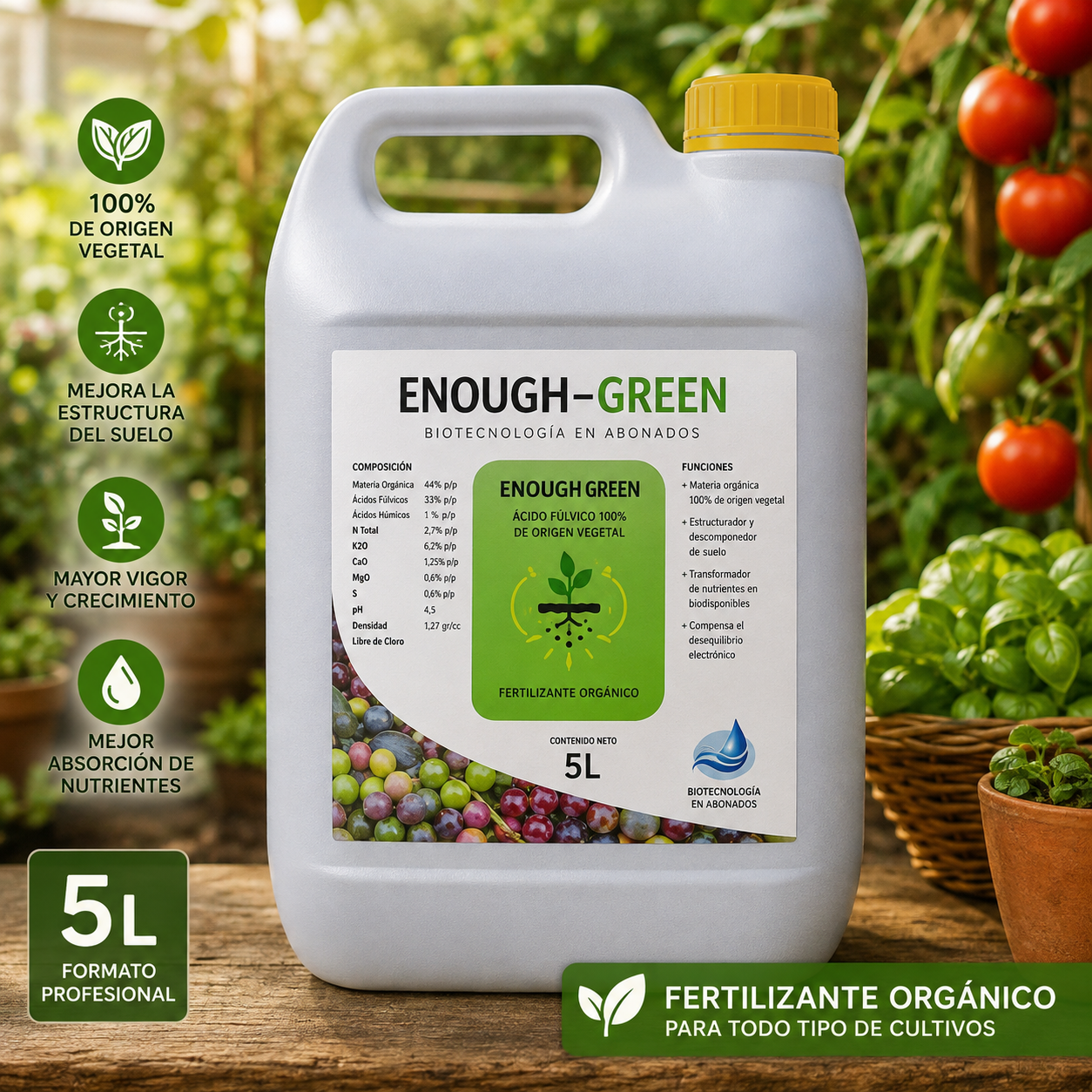 Enough Green 5l – Fertilizante Materia Organica de origen vegetal para huertos y plantas