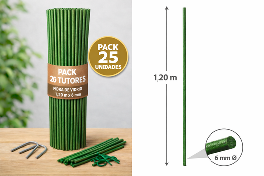 TUTOR FIBRA DE VIDRIO MACIZO 1,20M X 6 MM GROSOR PACK- 25 UNIDADES color verde
