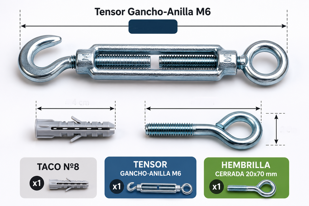 Kit Tensor Gancho-Anilla + Taco Nº8 + Hembrilla Cerrada 20x70 mm
