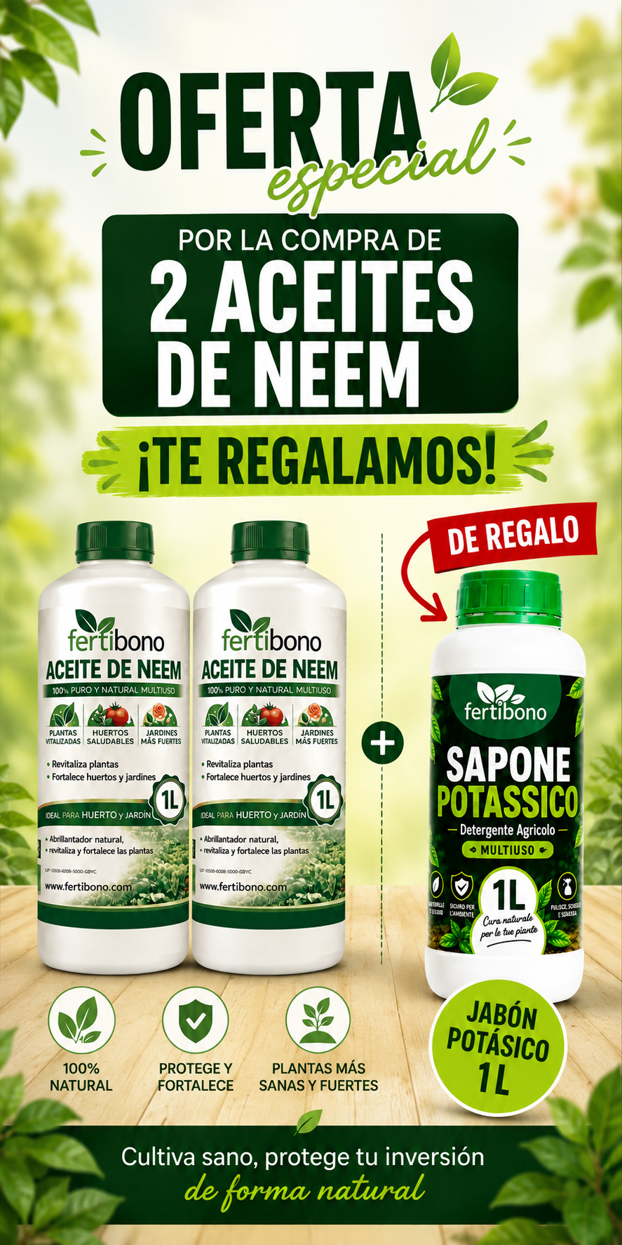 Oferta 2 Aceites de Neem 1 L + Regalo Jabón Potásico 1 L